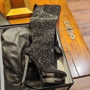 Pleaser Black and Silver Sparkle Heeled Boots